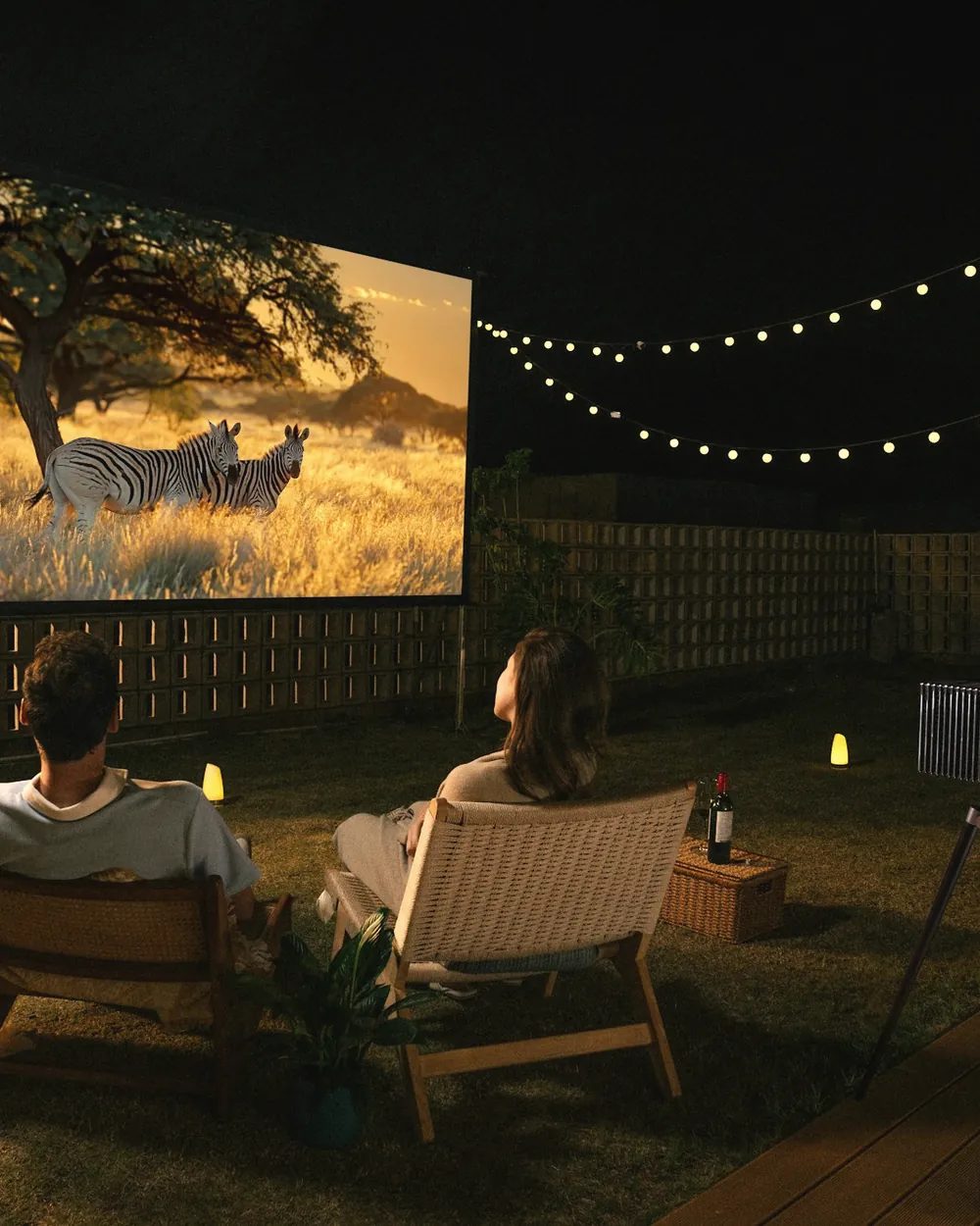 Two people watching a projector in a garden under string lights
